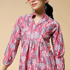 Istyle Can Peach Jaipuri Cotton Women's Regular Fit Mandarin Collar Full Sleeve Printed Top My Store