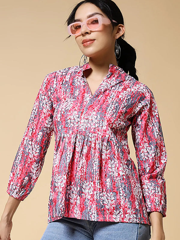 Istyle Can Peach Jaipuri Cotton Women's Regular Fit Mandarin Collar Full Sleeve Printed Top My Store