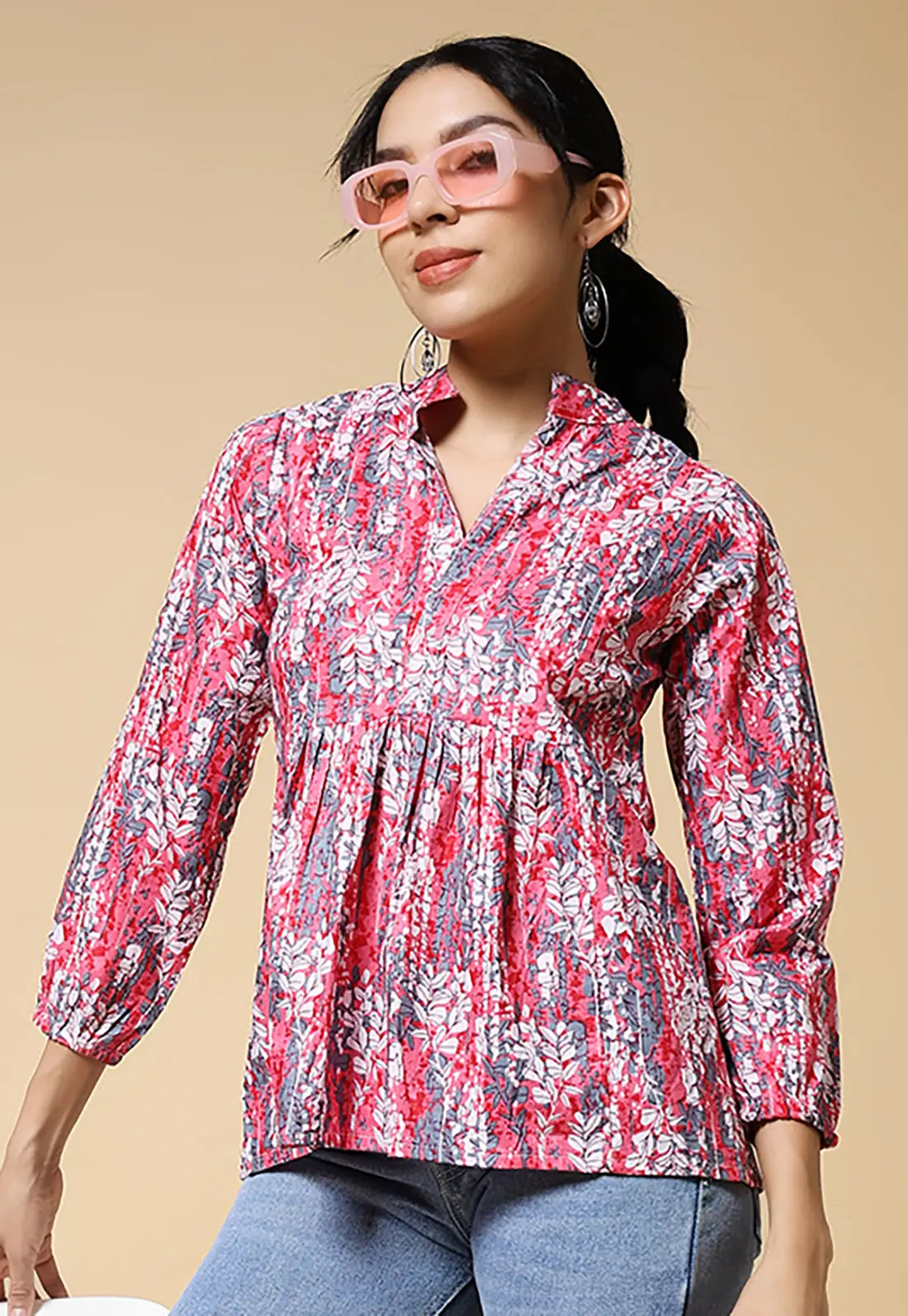 Istyle Can Peach Jaipuri Cotton Women's Regular Fit Mandarin Collar Full Sleeve Printed Top My Store Main image