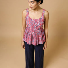 Istyle Can Peach / Navy cotton cambric peplum top and wide leg trouser co-ord set - view 5