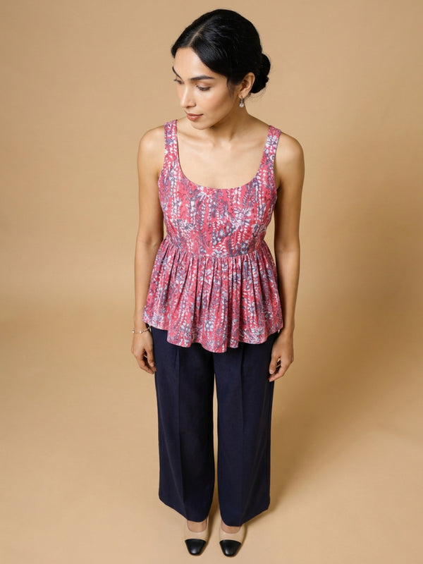 Istyle Can Peach / Navy cotton cambric peplum top and wide leg trouser co-ord set - view 5