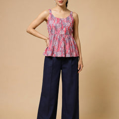 Istyle Can Peach / Navy cotton cambric peplum top and wide leg trouser co-ord set