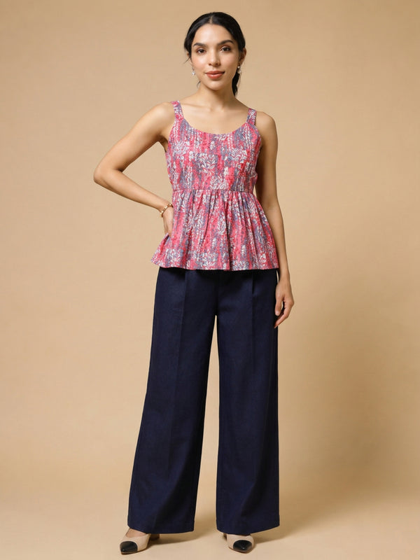 Istyle Can Peach / Navy cotton cambric peplum top and wide leg trouser co-ord set