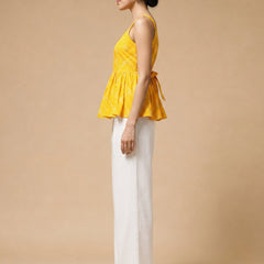 Istyle Can Yellow / Off White cotton cambric peplum top and wide leg trouser co-ord set - view 3
