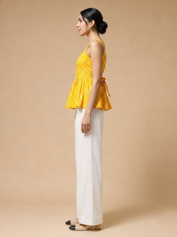 Istyle Can Yellow / Off White cotton cambric peplum top and wide leg trouser co-ord set - view 3