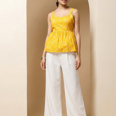 Istyle Can Yellow / Off White cotton cambric peplum top and wide leg trouser co-ord set