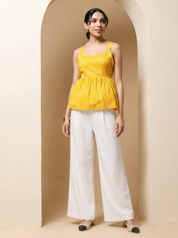Istyle Can Yellow / Off White cotton cambric peplum top and wide leg trouser co-ord set