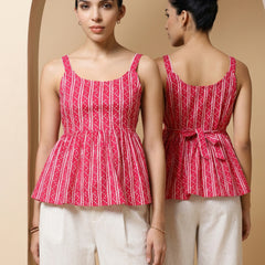 Istyle Can Pink / Off White cotton cambric peplum top and wide leg trouser co-ord set - view 3