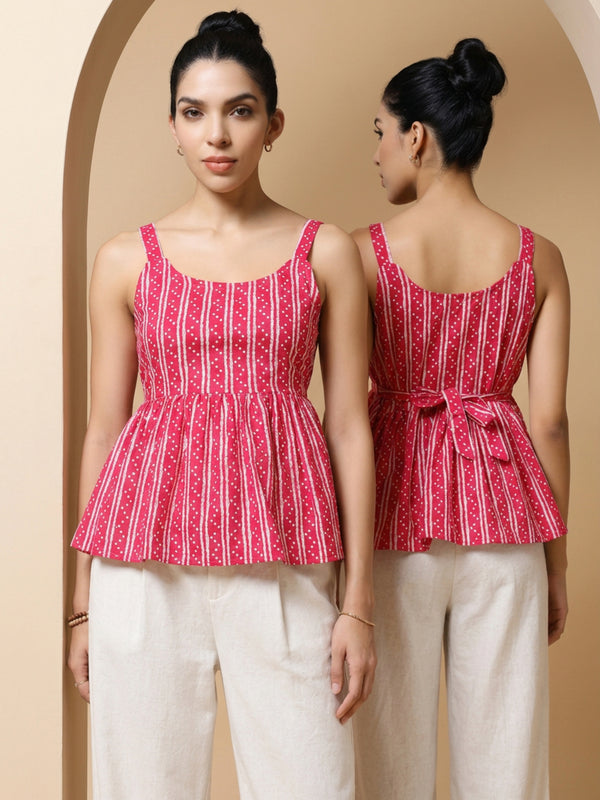 Istyle Can Pink / Off White cotton cambric peplum top and wide leg trouser co-ord set - view 3