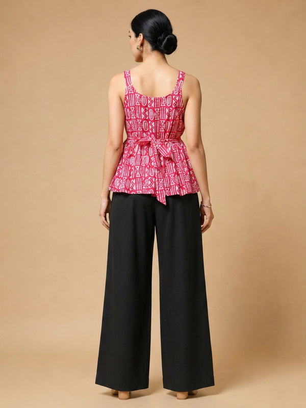 Istyle Can Pink / Black cotton cambric peplum top and wide leg trouser co-ord set - view 11