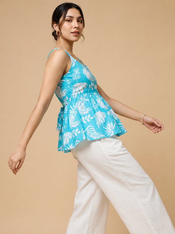 Istyle Can Sky Blue / Off White cotton cambric peplum top and wide leg trouser co-ord set - view 7