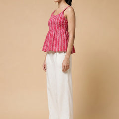 Istyle Can Pink / Off White cotton cambric peplum top and wide leg trouser co-ord set - view 10
