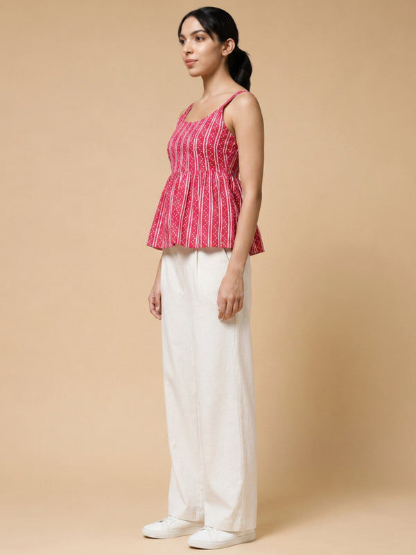 Istyle Can Pink / Off White cotton cambric peplum top and wide leg trouser co-ord set - view 10