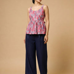 Istyle Can Peach / Navy cotton cambric peplum top and wide leg trouser co-ord set - view 11