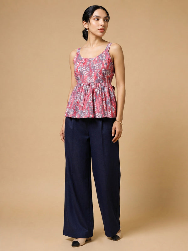 Istyle Can Peach / Navy cotton cambric peplum top and wide leg trouser co-ord set - view 11