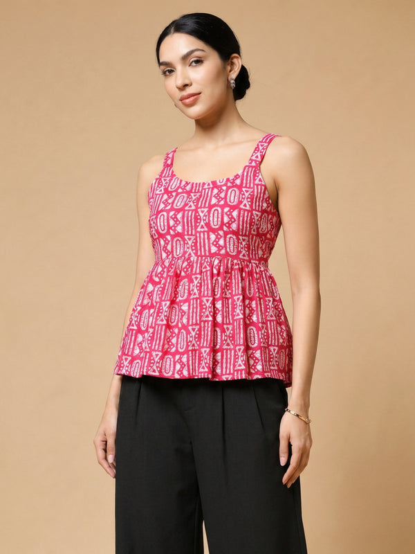 Istyle Can Pink / Black cotton cambric peplum top and wide leg trouser co-ord set - view 5