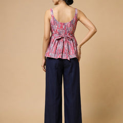 Istyle Can Peach / Navy cotton cambric peplum top and wide leg trouser co-ord set - view 7