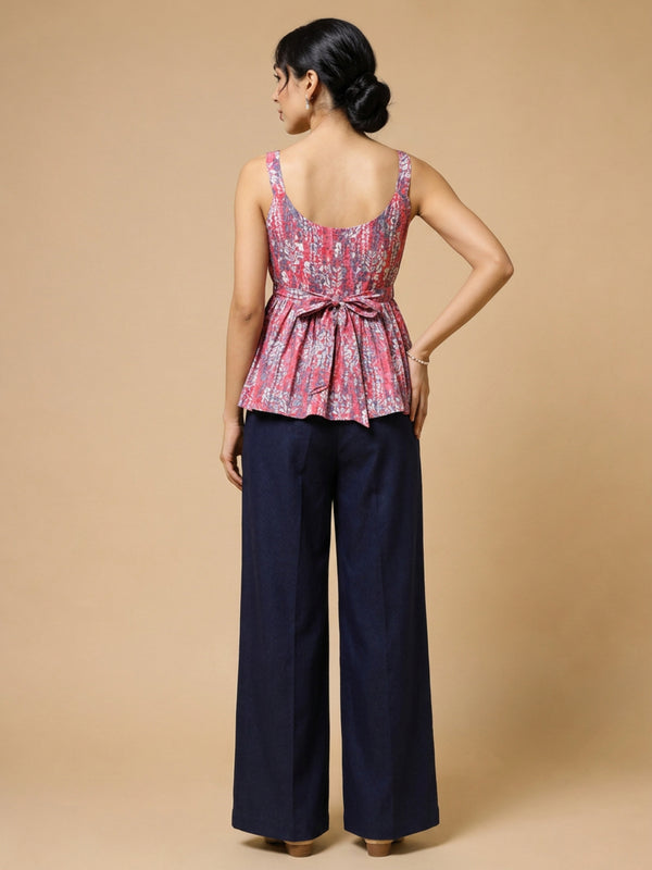 Istyle Can Peach / Navy cotton cambric peplum top and wide leg trouser co-ord set - view 7