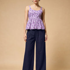 Istyle Can Purple / Navy cotton cambric peplum top and wide leg trouser co-ord set - view 11