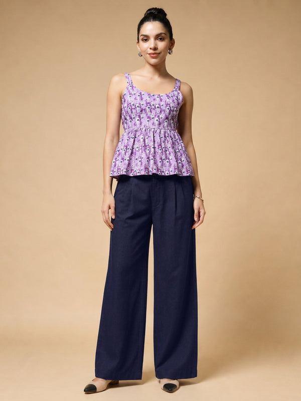 Istyle Can Purple / Navy cotton cambric peplum top and wide leg trouser co-ord set - view 11