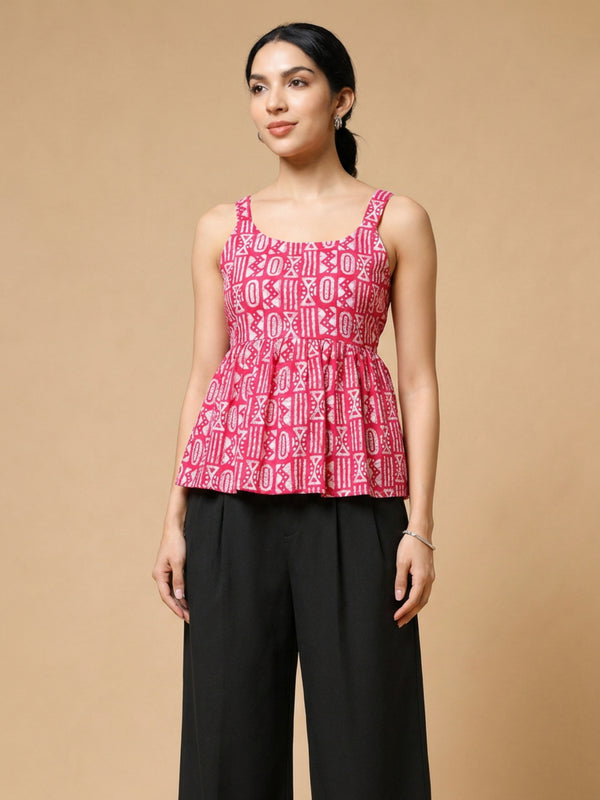Istyle Can Pink / Black cotton cambric peplum top and wide leg trouser co-ord set - view 4
