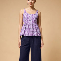 Istyle Can Purple / Navy cotton cambric peplum top and wide leg trouser co-ord set - view 2