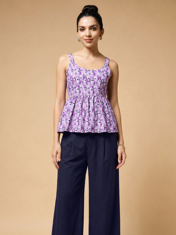 Istyle Can Purple / Navy cotton cambric peplum top and wide leg trouser co-ord set - view 2
