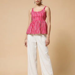 Istyle Can Pink / Off White cotton cambric peplum top and wide leg trouser co-ord set - view 4