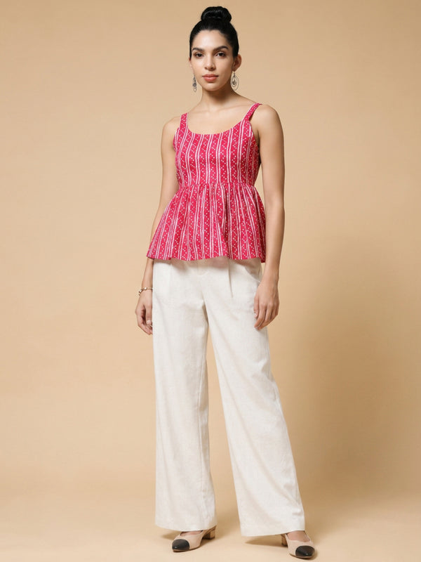 Istyle Can Pink / Off White cotton cambric peplum top and wide leg trouser co-ord set - view 4