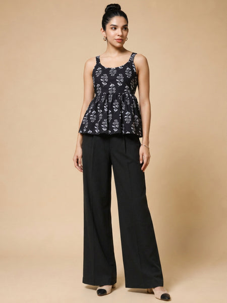 Istyle Can Black / Black cotton cambric peplum top and wide leg trouser co-ord set - view 3