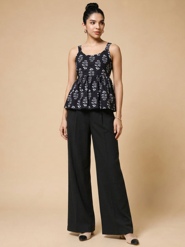 Istyle Can Black / Black cotton cambric peplum top and wide leg trouser co-ord set - view 3