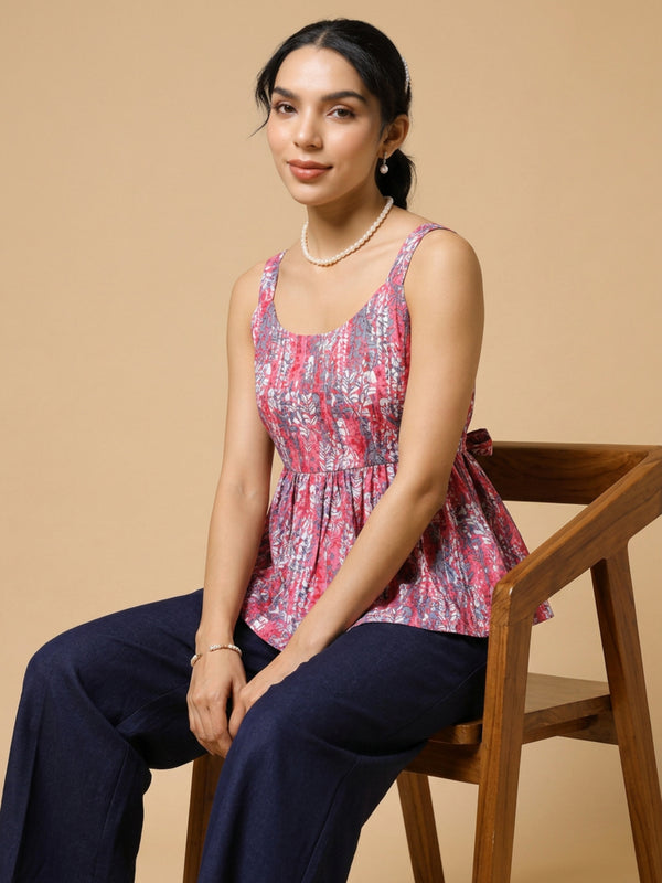 Istyle Can Peach / Navy cotton cambric peplum top and wide leg trouser co-ord set - view 6