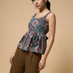 Istyle Can Green / Brown cotton cambric peplum top and wide leg trouser co-ord set - view 9