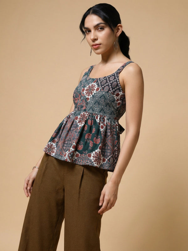 Istyle Can Green / Brown cotton cambric peplum top and wide leg trouser co-ord set - view 9