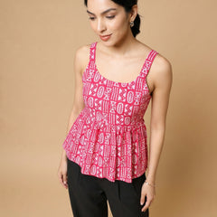 Istyle Can Pink / Black cotton cambric peplum top and wide leg trouser co-ord set - view 9
