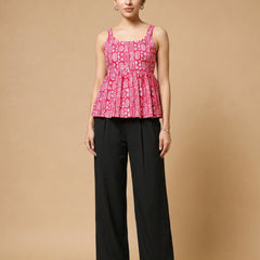 Istyle Can Pink / Black cotton cambric peplum top and wide leg trouser co-ord set