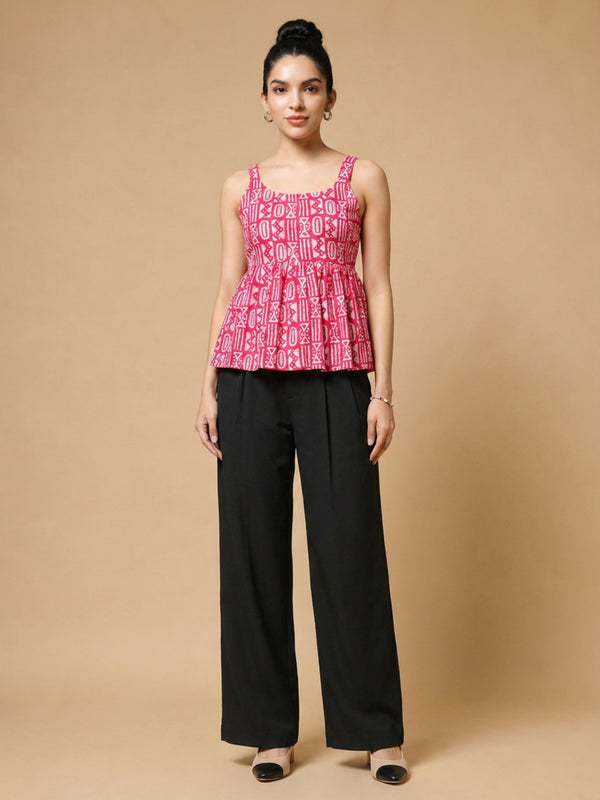 Istyle Can Pink / Black cotton cambric peplum top and wide leg trouser co-ord set