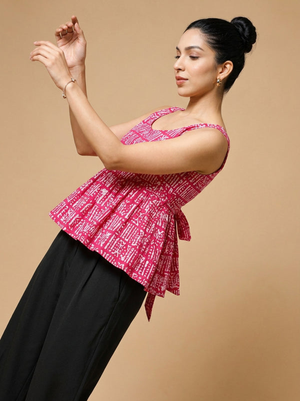 Istyle Can Pink / Black cotton cambric peplum top and wide leg trouser co-ord set - view 12