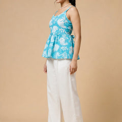 Istyle Can Sky Blue / Off White cotton cambric peplum top and wide leg trouser co-ord set - view 2