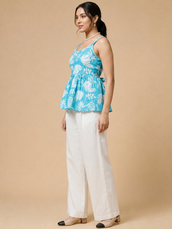 Istyle Can Sky Blue / Off White cotton cambric peplum top and wide leg trouser co-ord set - view 2