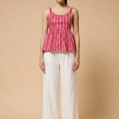 Istyle Can Pink / Off White cotton cambric peplum top and wide leg trouser co-ord set - view 7