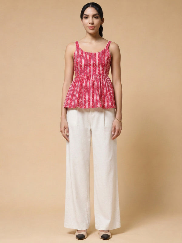 Istyle Can Pink / Off White cotton cambric peplum top and wide leg trouser co-ord set - view 7