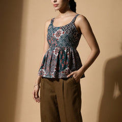 Istyle Can Green / Brown cotton cambric peplum top and wide leg trouser co-ord set - view 11