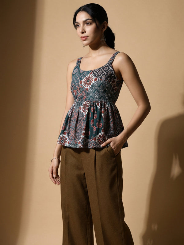Istyle Can Green / Brown cotton cambric peplum top and wide leg trouser co-ord set - view 11