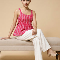 Istyle Can Pink / Off White cotton cambric peplum top and wide leg trouser co-ord set - view 5