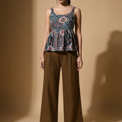 Istyle Can Green / Brown cotton cambric peplum top and wide leg trouser co-ord set