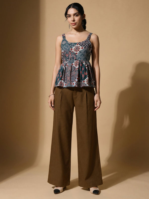 Istyle Can Green / Brown cotton cambric peplum top and wide leg trouser co-ord set