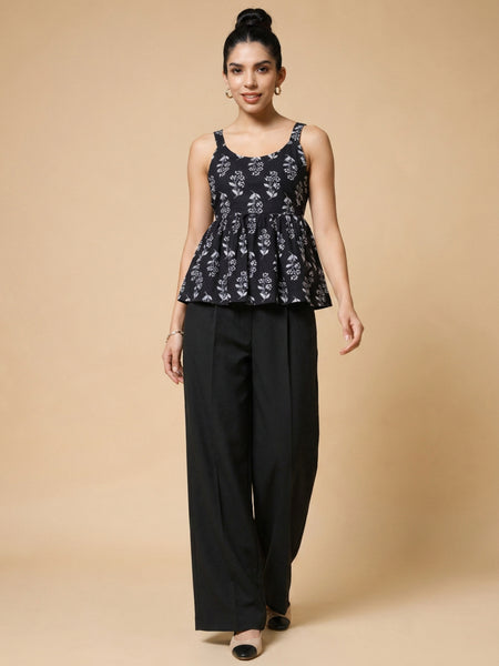 Istyle Can Black / Black cotton cambric peplum top and wide leg trouser co-ord set - view 4