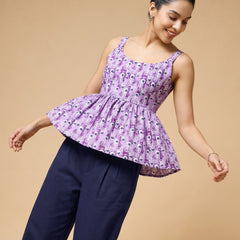 Istyle Can Purple / Navy cotton cambric peplum top and wide leg trouser co-ord set - view 7