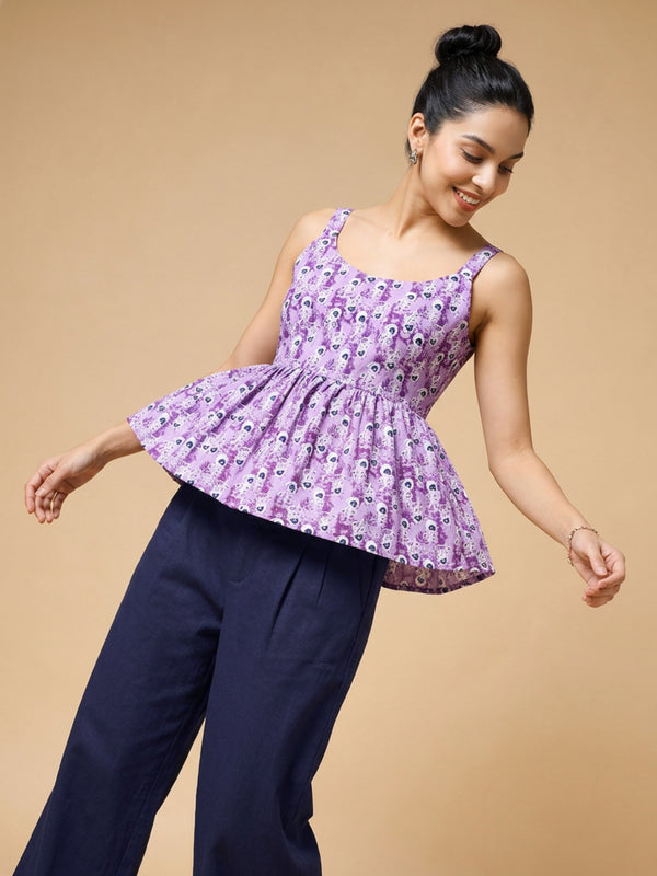 Istyle Can Purple / Navy cotton cambric peplum top and wide leg trouser co-ord set - view 7